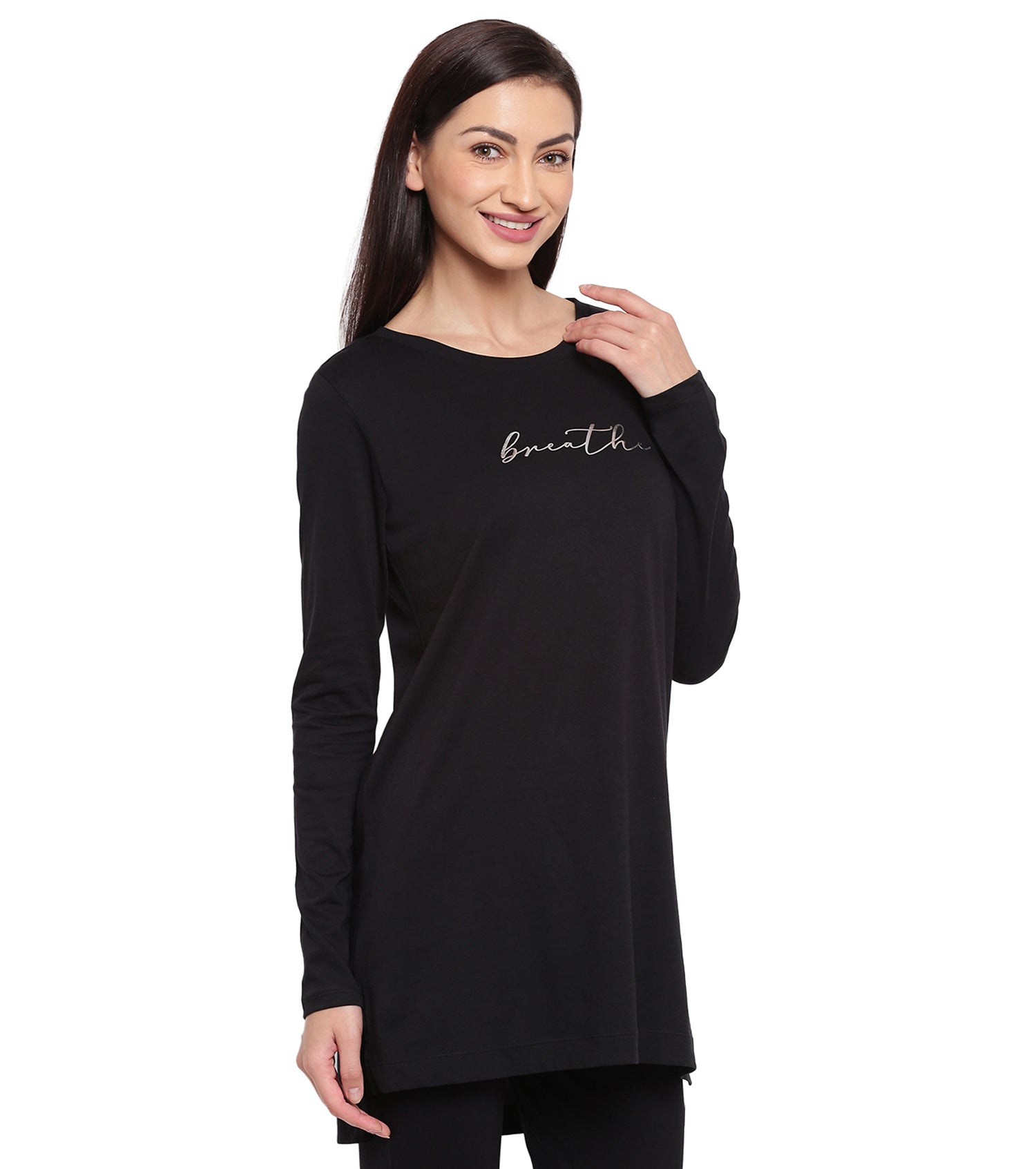 Tunic Tee – Solid | Long Sleeve Tunic Tee With Side Slit & Mindful Graphic