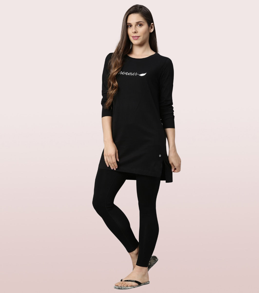 Tunic Tee – Solid | Long Sleeve Tunic Tee With Side Slit & Mindful Graphic