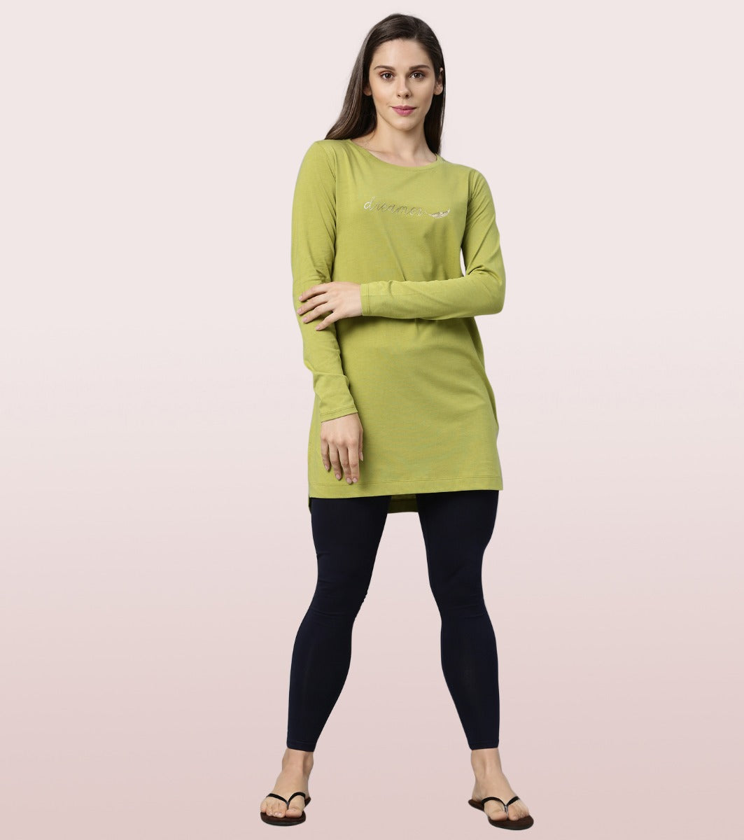 Tunic Tee – Solid | Long Sleeve Tunic Tee With Side Slit & Mindful Graphic