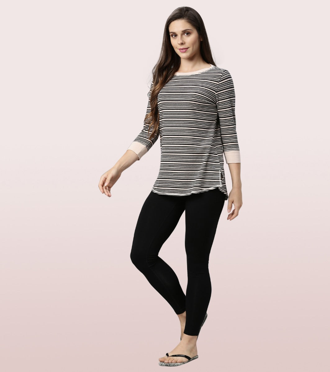 Long Tee – Striped | ¾ Sleeve Boat Neck Lounge Tee With Mindful Graphic