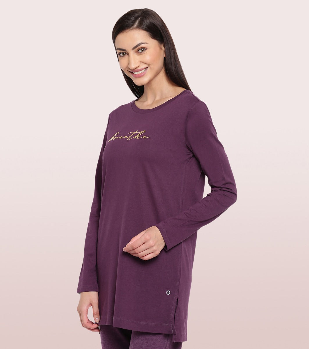 Tunic Tee – Solid | Long Sleeve Tunic Tee With Side Slit & Mindful Graphic