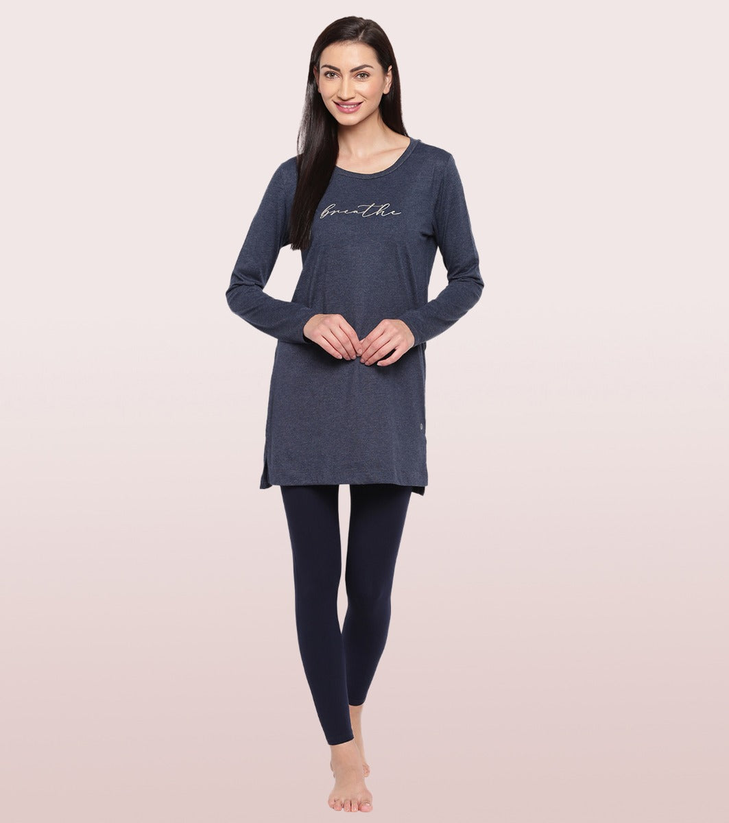 Tunic Tee – Solid | Long Sleeve Tunic Tee With Side Slit & Mindful Graphic