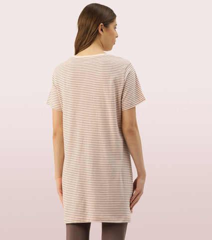 Tunic Tee - Striped | Short Sleeve Tunic Tee With Side Slit & Mindful Graphic