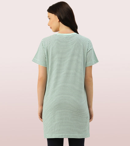 Tunic Tee - Striped | Short Sleeve Tunic Tee With Side Slit & Mindful Graphic