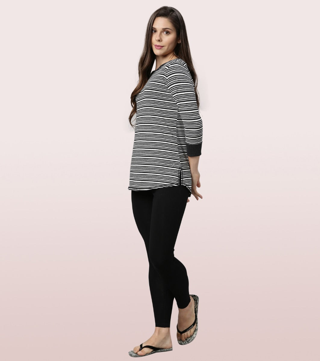 Long Tee – Striped | ¾ Sleeve Boat Neck Lounge Tee With Mindful Graphic