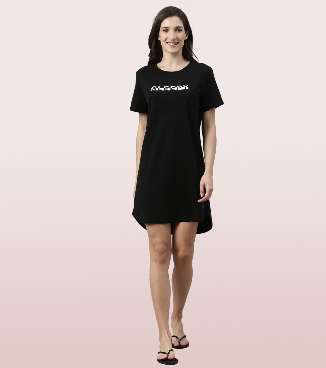 Basic Dress | Cotton Slounge Mini Dress With Chest Graphic