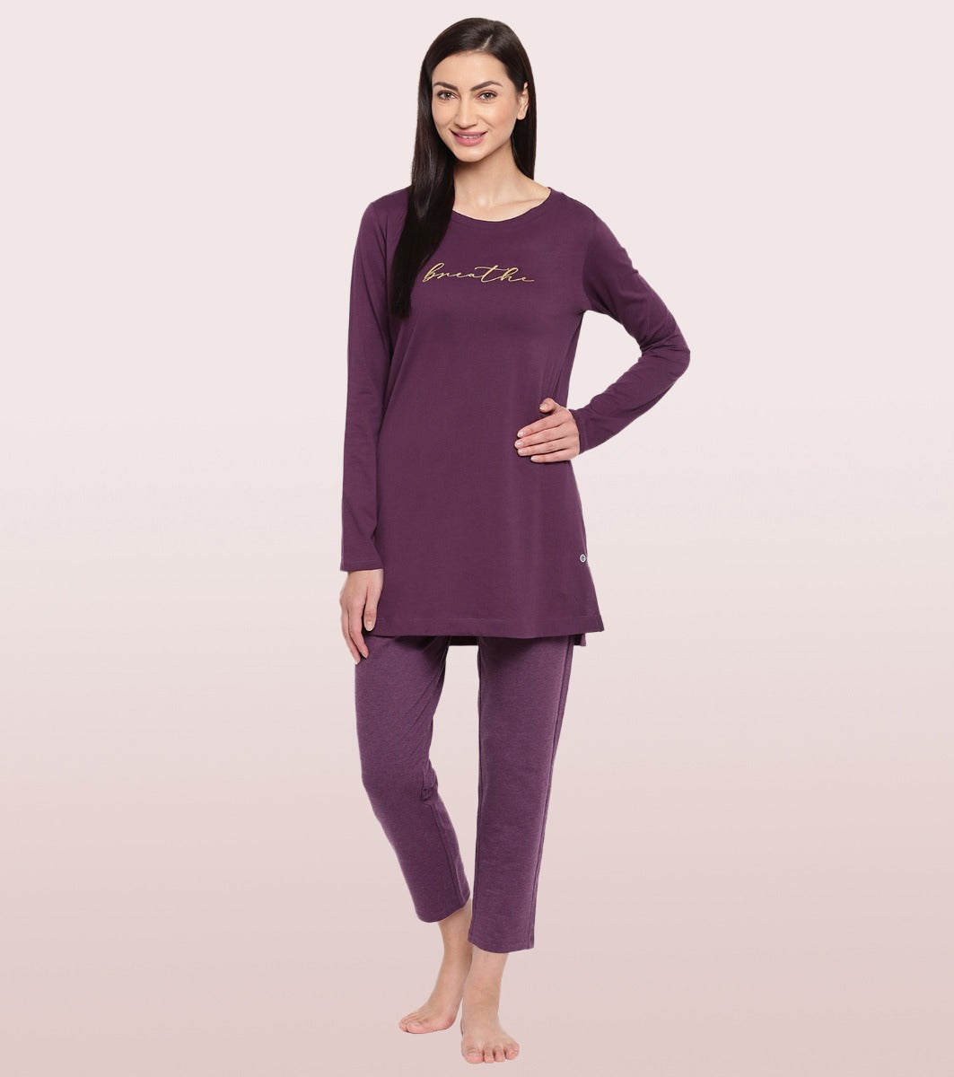 Tunic Tee – Solid | Long Sleeve Tunic Tee With Side Slit & Mindful Graphic