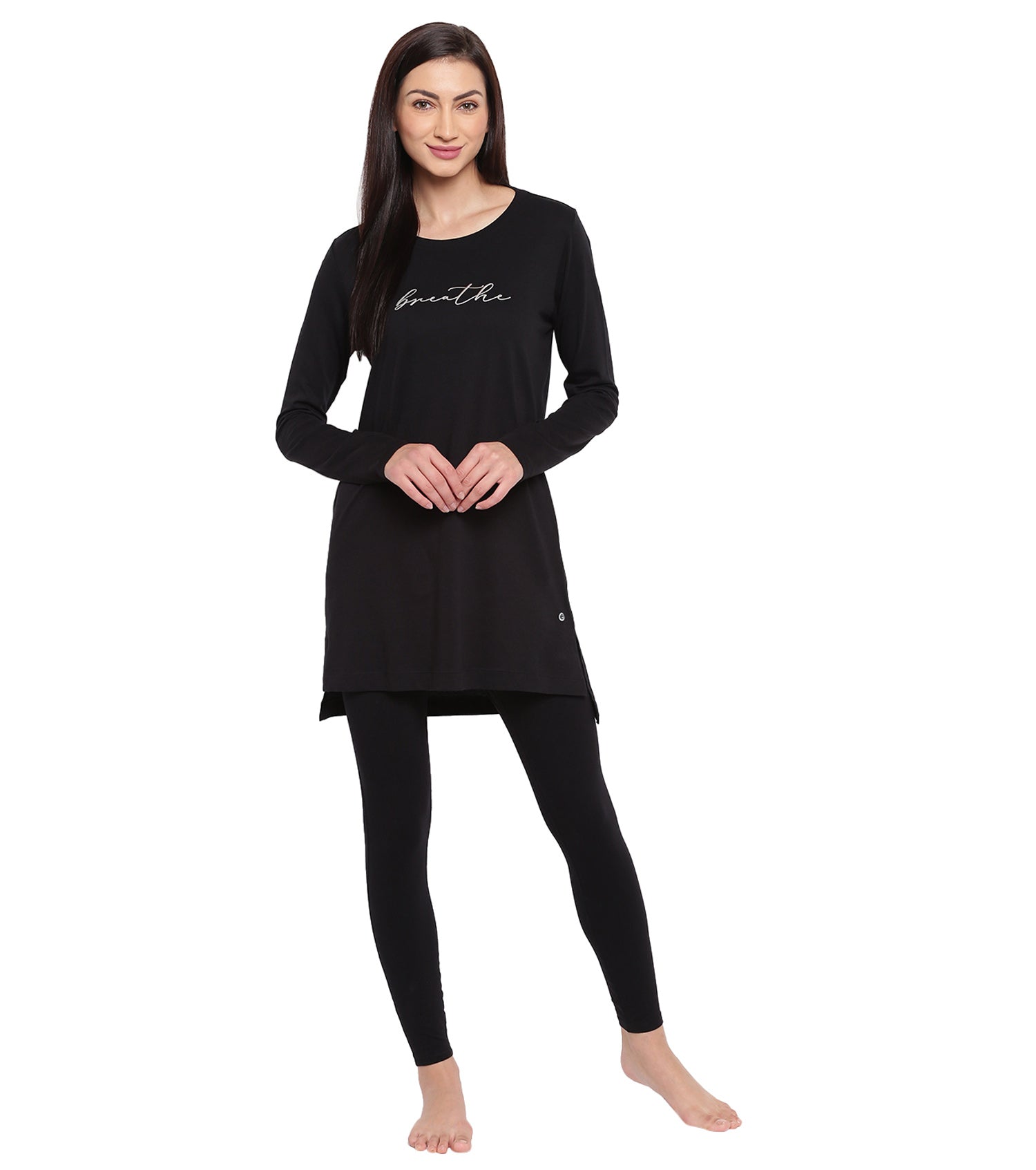 Tunic Tee – Solid | Long Sleeve Tunic Tee With Side Slit & Mindful Graphic