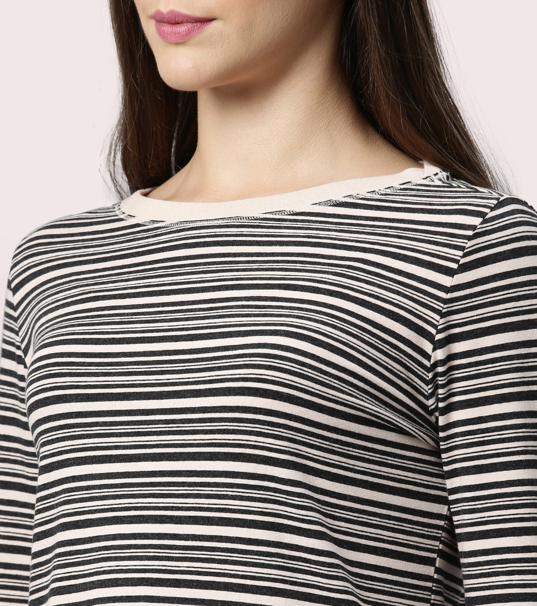 Long Tee – Striped | ¾ Sleeve Boat Neck Lounge Tee With Mindful Graphic