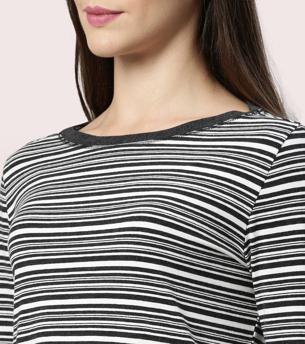 Long Tee – Striped | ¾ Sleeve Boat Neck Lounge Tee With Mindful Graphic