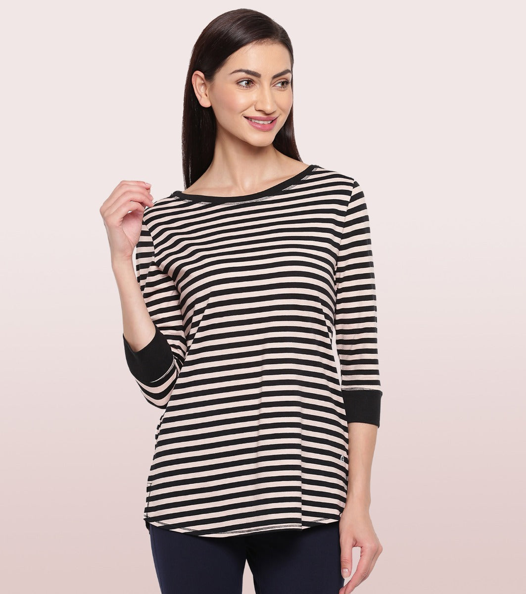 Long Tee – Striped | ¾ Sleeve Boat Neck Lounge Tee With Mindful Graphic