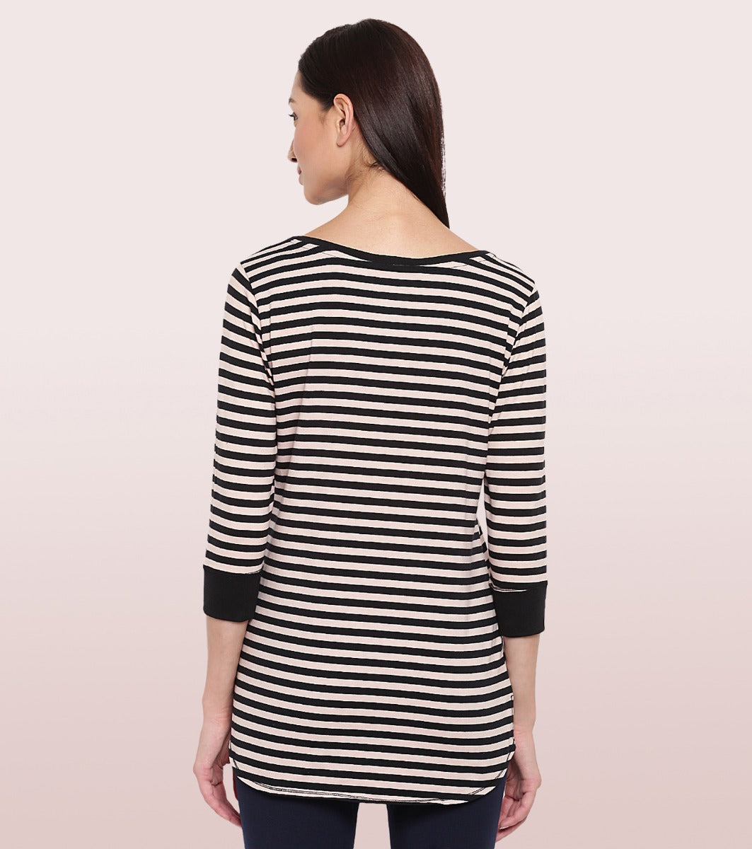 Long Tee – Striped | ¾ Sleeve Boat Neck Lounge Tee With Mindful Graphic