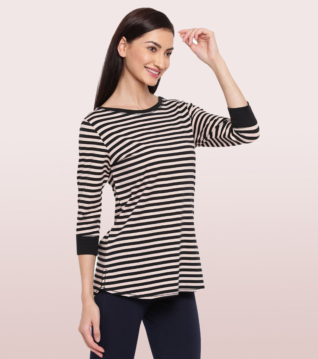 Long Tee – Striped | ¾ Sleeve Boat Neck Lounge Tee With Mindful Graphic