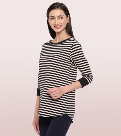 Long Tee – Striped | ¾ Sleeve Boat Neck Lounge Tee With Mindful Graphic