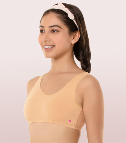 Wide Strap Easy Fit Stretch Cotton Beginners Bra With Antimicrobial Finish  - SKIN / XXS