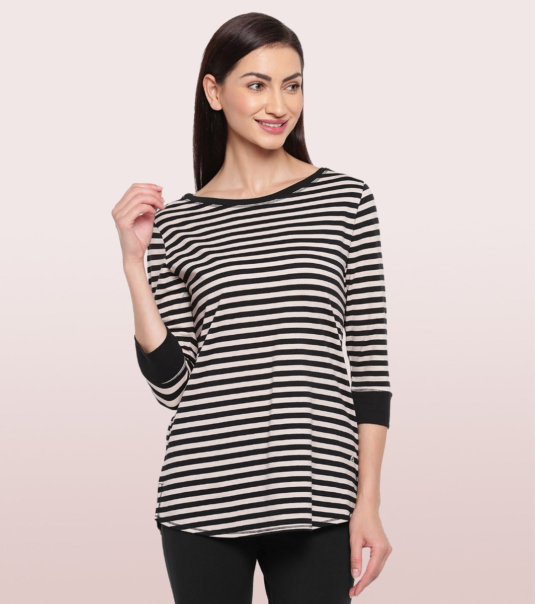 Long Tee – Striped | ¾ Sleeve Boat Neck Lounge Tee With Mindful Graphic