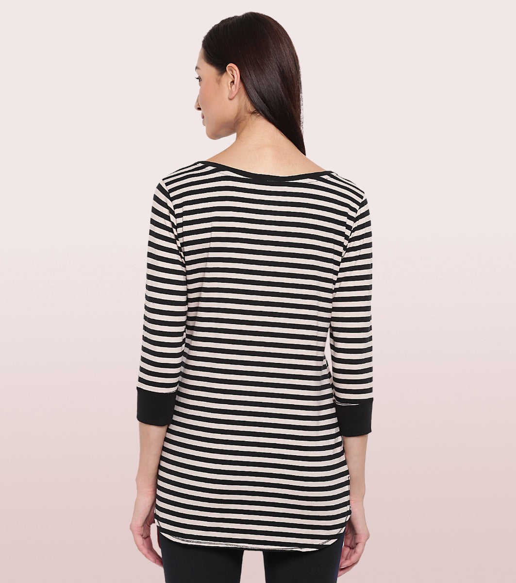 Long Tee – Striped | ¾ Sleeve Boat Neck Lounge Tee With Mindful Graphic