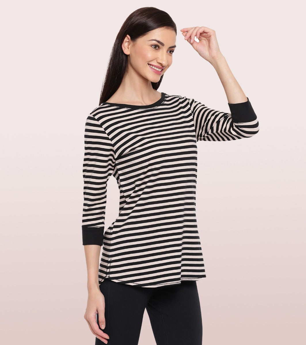 Long Tee – Striped | ¾ Sleeve Boat Neck Lounge Tee With Mindful Graphic