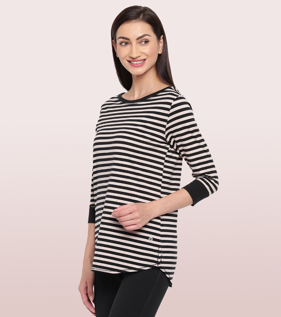 Long Tee – Striped | ¾ Sleeve Boat Neck Lounge Tee With Mindful Graphic